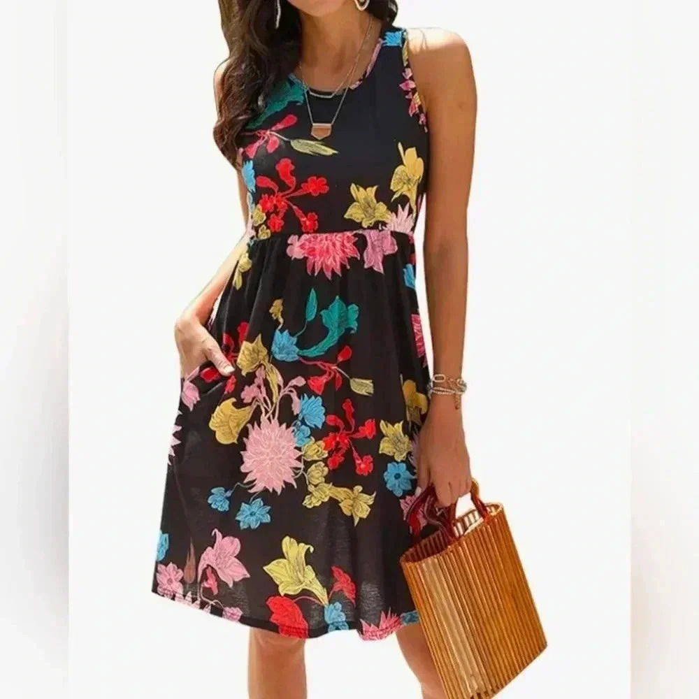 NWT OURS Foral Sleeveless Midi Dress Pockets Midi